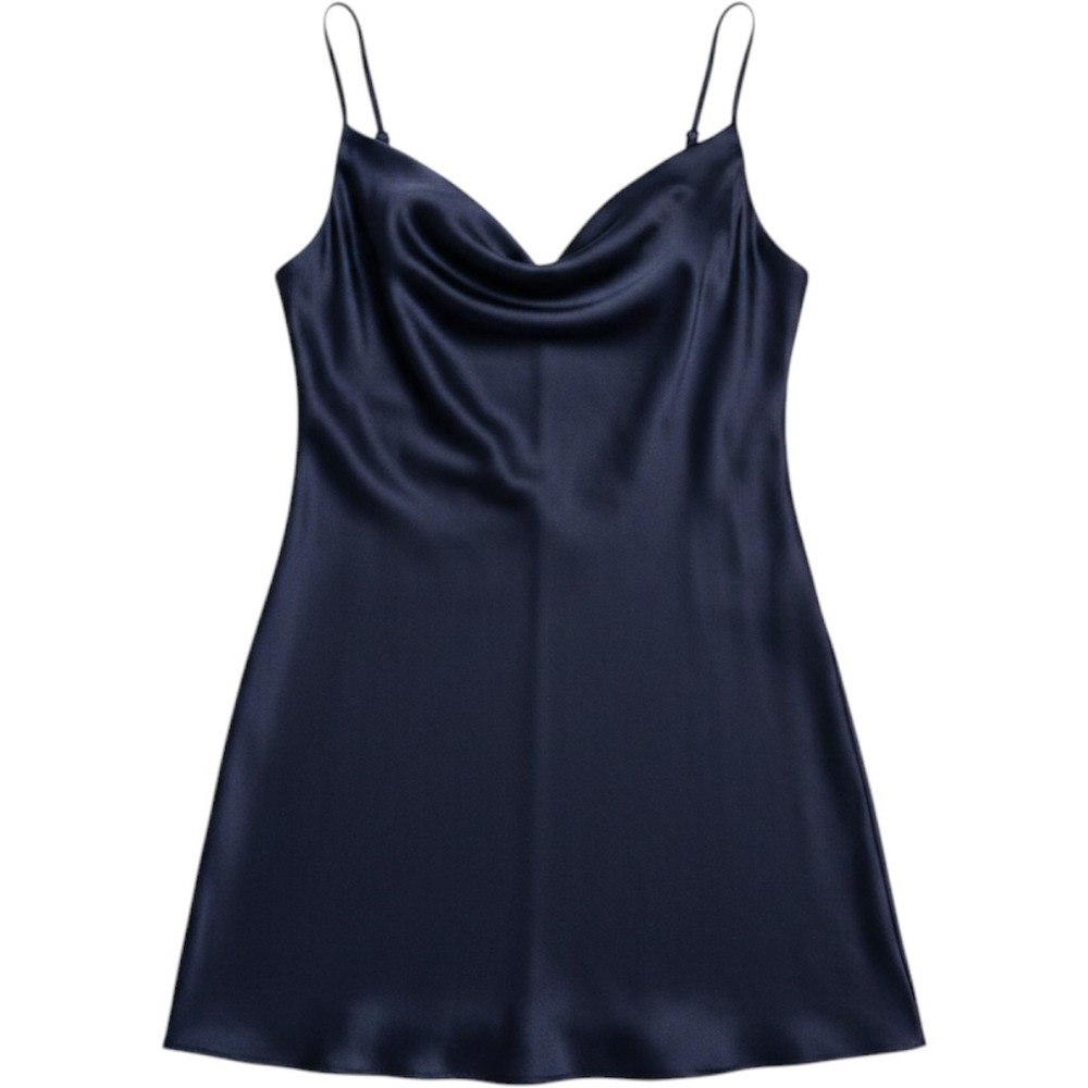 Urban Outfitters Satin Slip Mini Dress Small Navy Blue Cowl Neck Spaghetti Strap